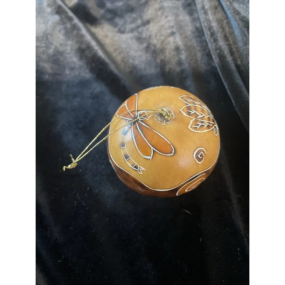 Hand Carved Gorde Peruvian Lucuma  Swirls & Dragonflies Christmas Ornament